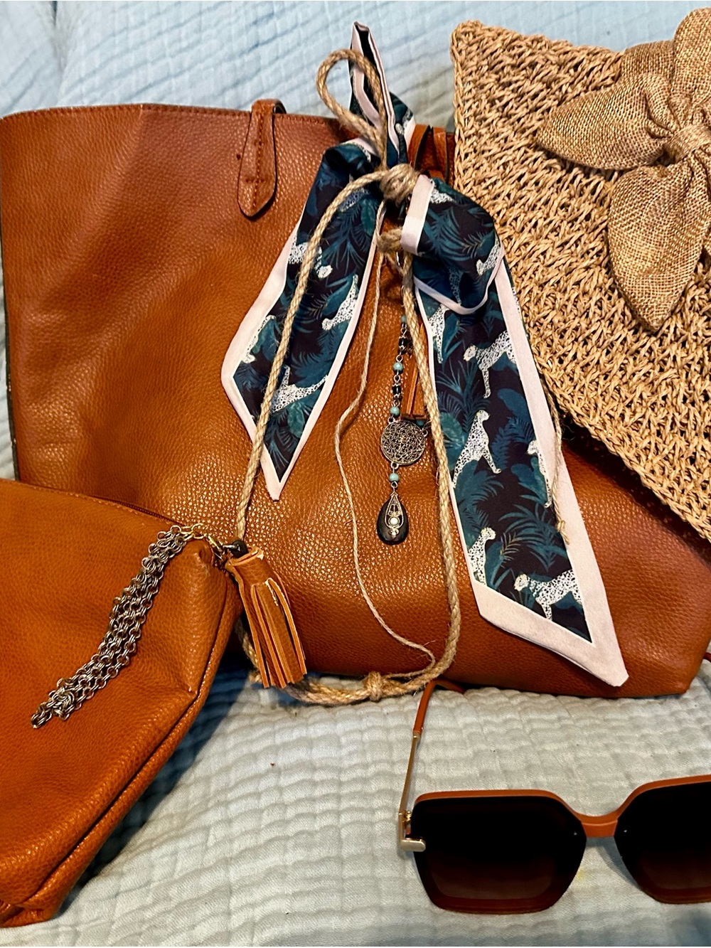 Chestnut Tote w/ Decorative Scarf, Charm, Sunglasses, Hat and Cosmetic Bag